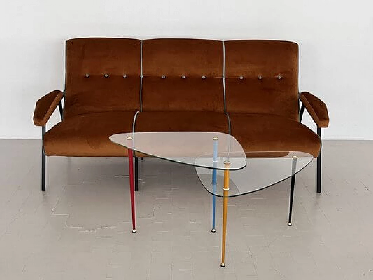 Metal and brown velvet sofa with light blue details, 1960s 2
