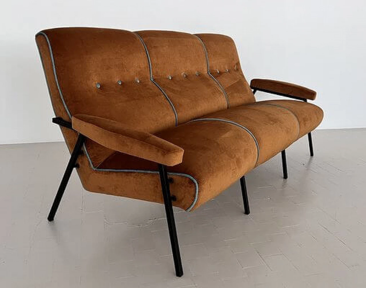 Metal and brown velvet sofa with light blue details, 1960s 3