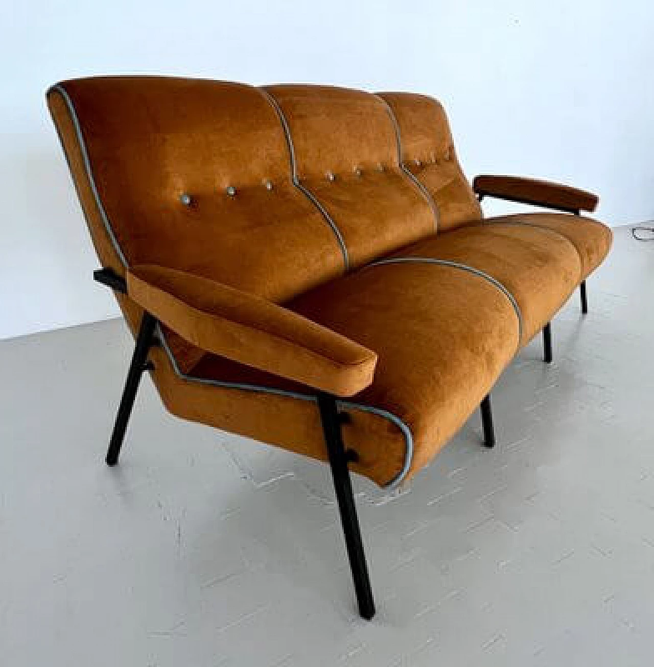 Metal and brown velvet sofa with light blue details, 1960s 4