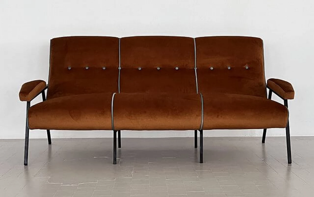 Metal and brown velvet sofa with light blue details, 1960s 5