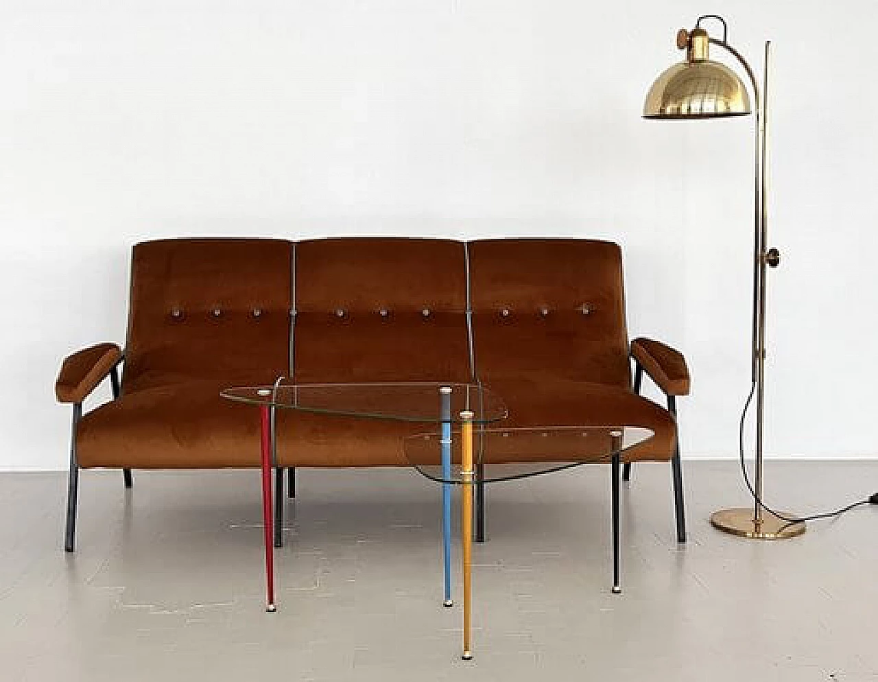 Metal and brown velvet sofa with light blue details, 1960s 6