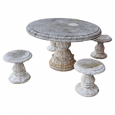 4 Stools and round table in grit and concrete in Neoclassical style, 1980s