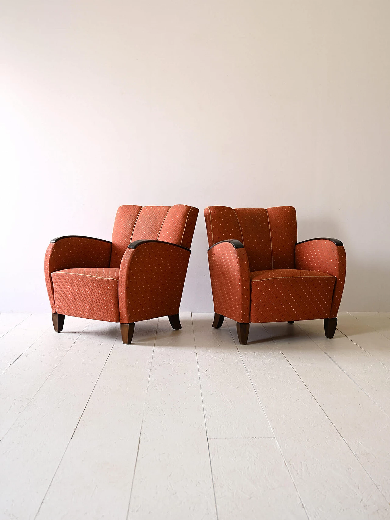 Pair of Art Deco fabric armchairs with stained wood armrests, 1930s 1