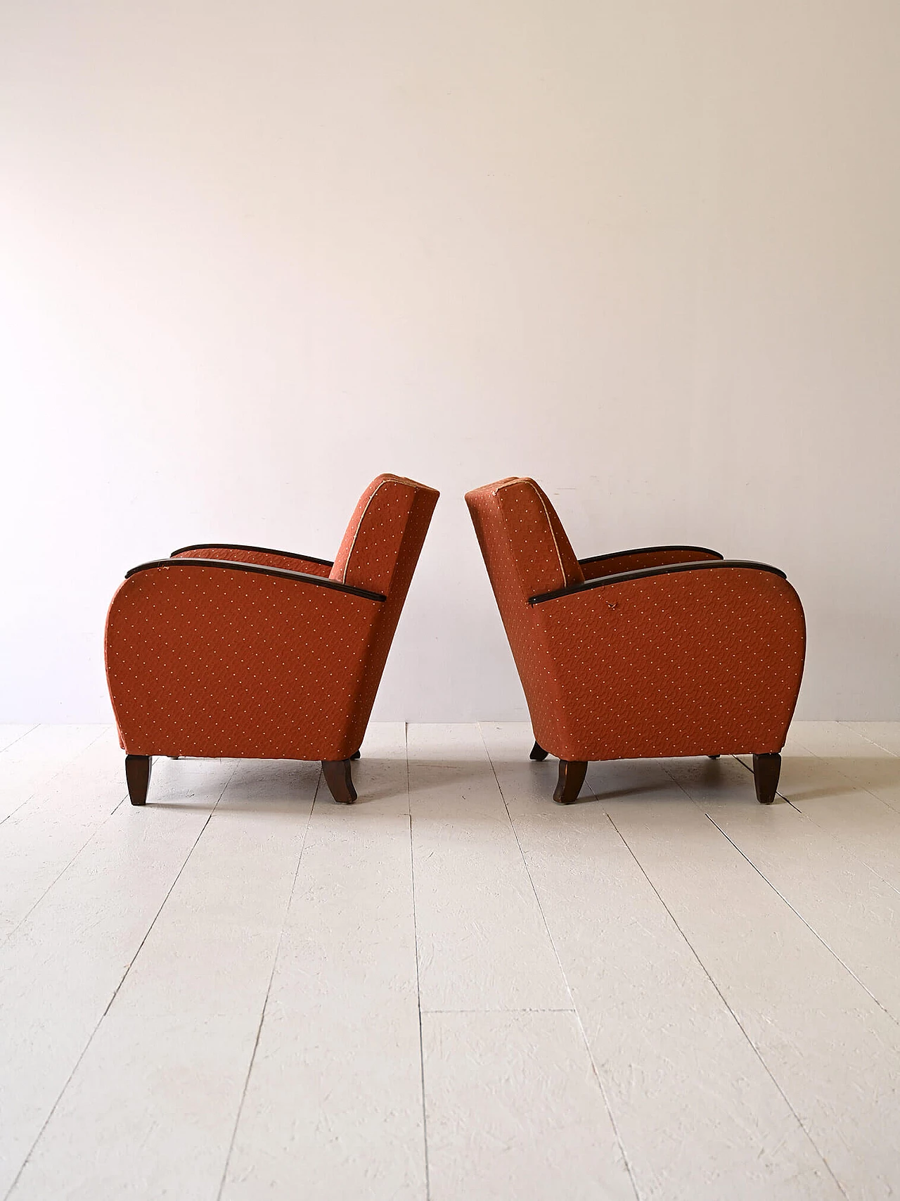 Pair of Art Deco fabric armchairs with stained wood armrests, 1930s 2