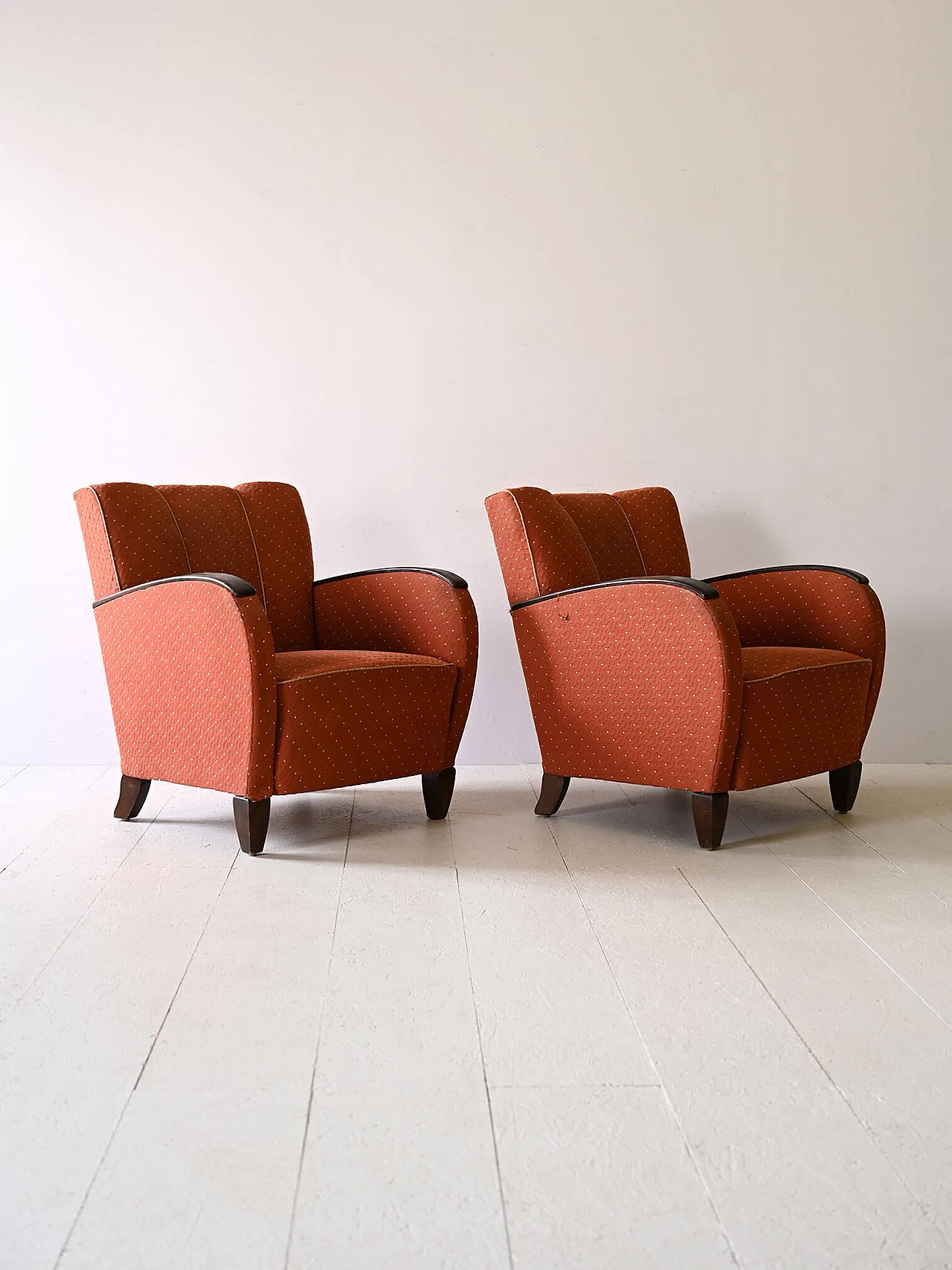 Pair of Art Deco fabric armchairs with stained wood armrests, 1930s 3