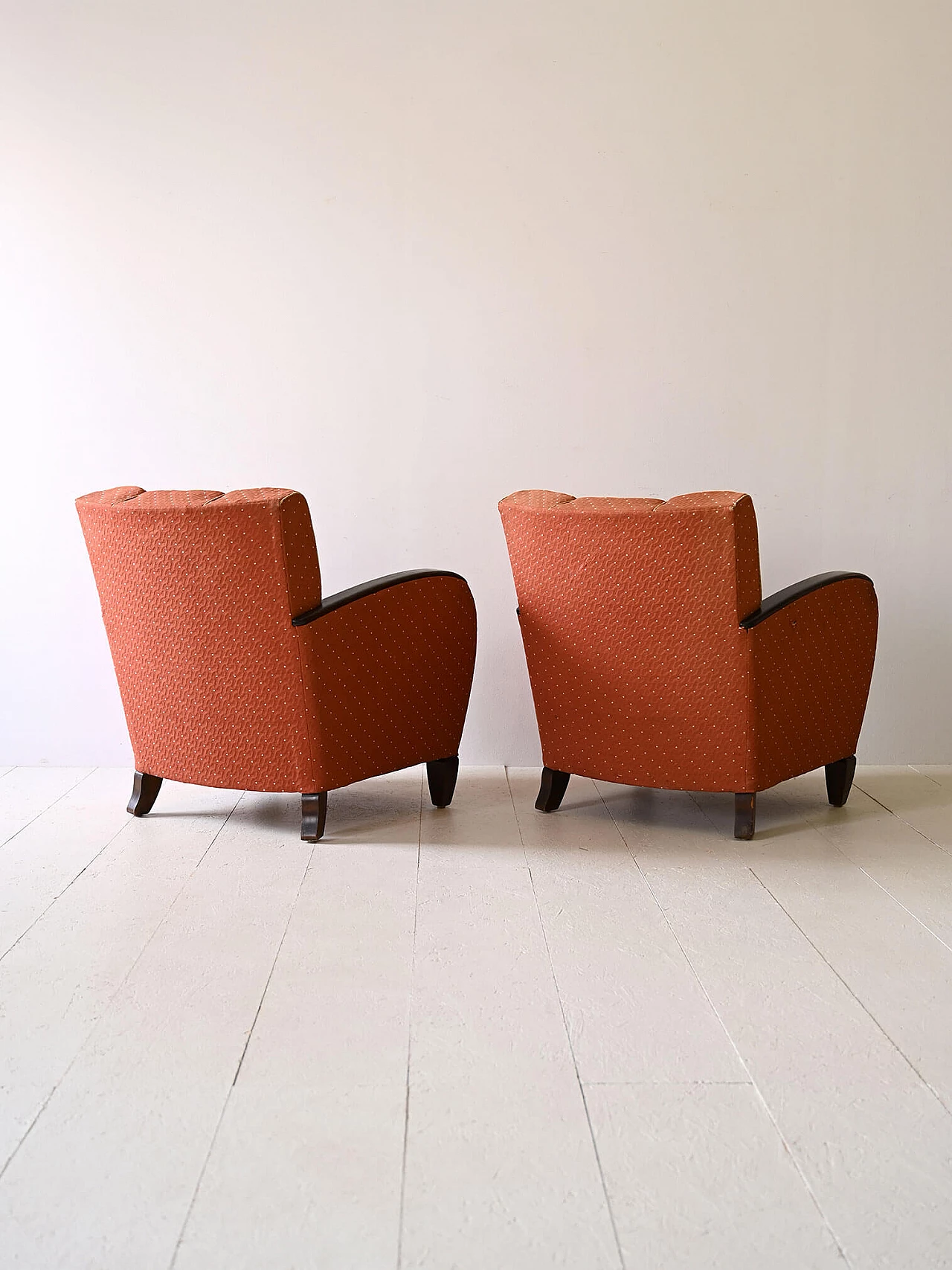 Pair of Art Deco fabric armchairs with stained wood armrests, 1930s 4