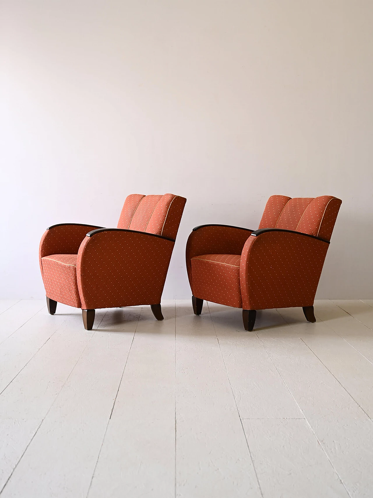 Pair of Art Deco fabric armchairs with stained wood armrests, 1930s 5