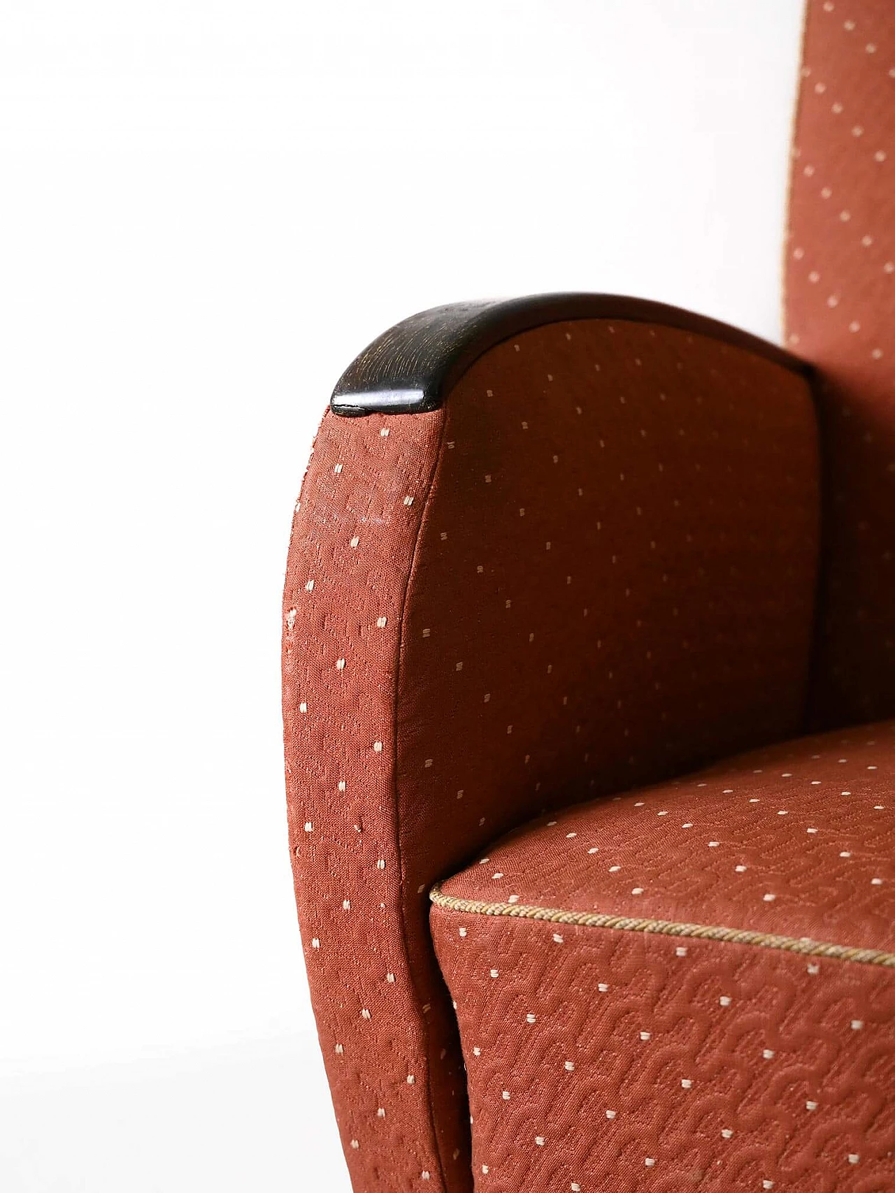 Pair of Art Deco fabric armchairs with stained wood armrests, 1930s 7