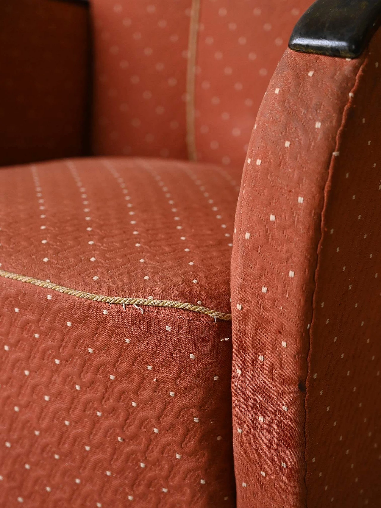 Pair of Art Deco fabric armchairs with stained wood armrests, 1930s 9