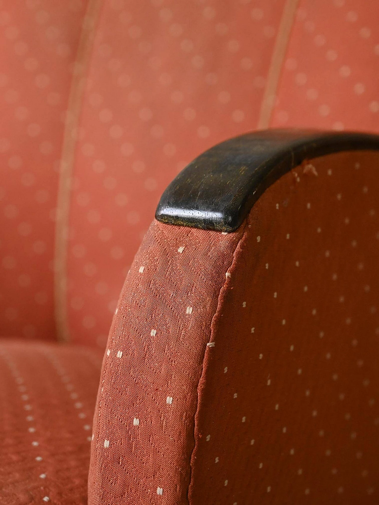 Pair of Art Deco fabric armchairs with stained wood armrests, 1930s 10