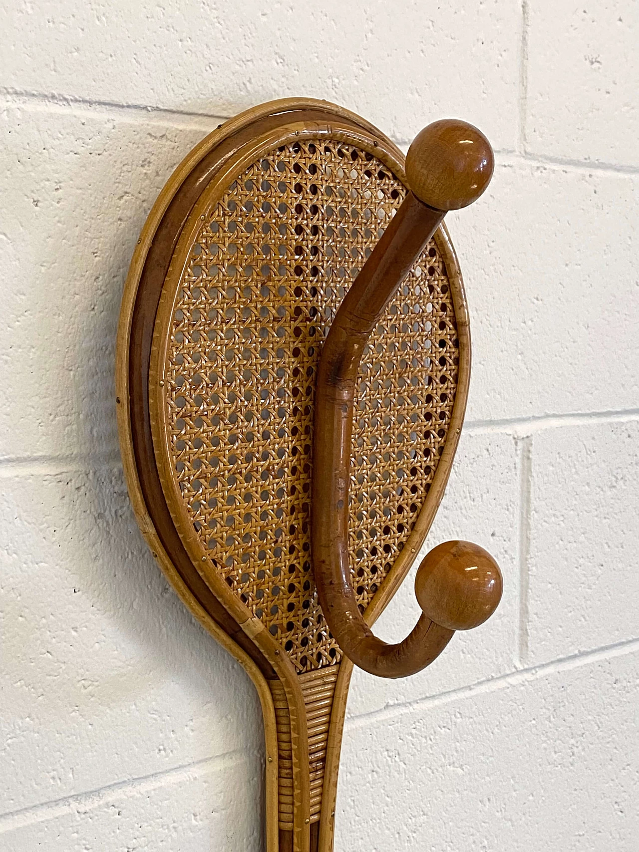 Vienna straw, bamboo and wicker tennis racket coat rack, 1970s 1