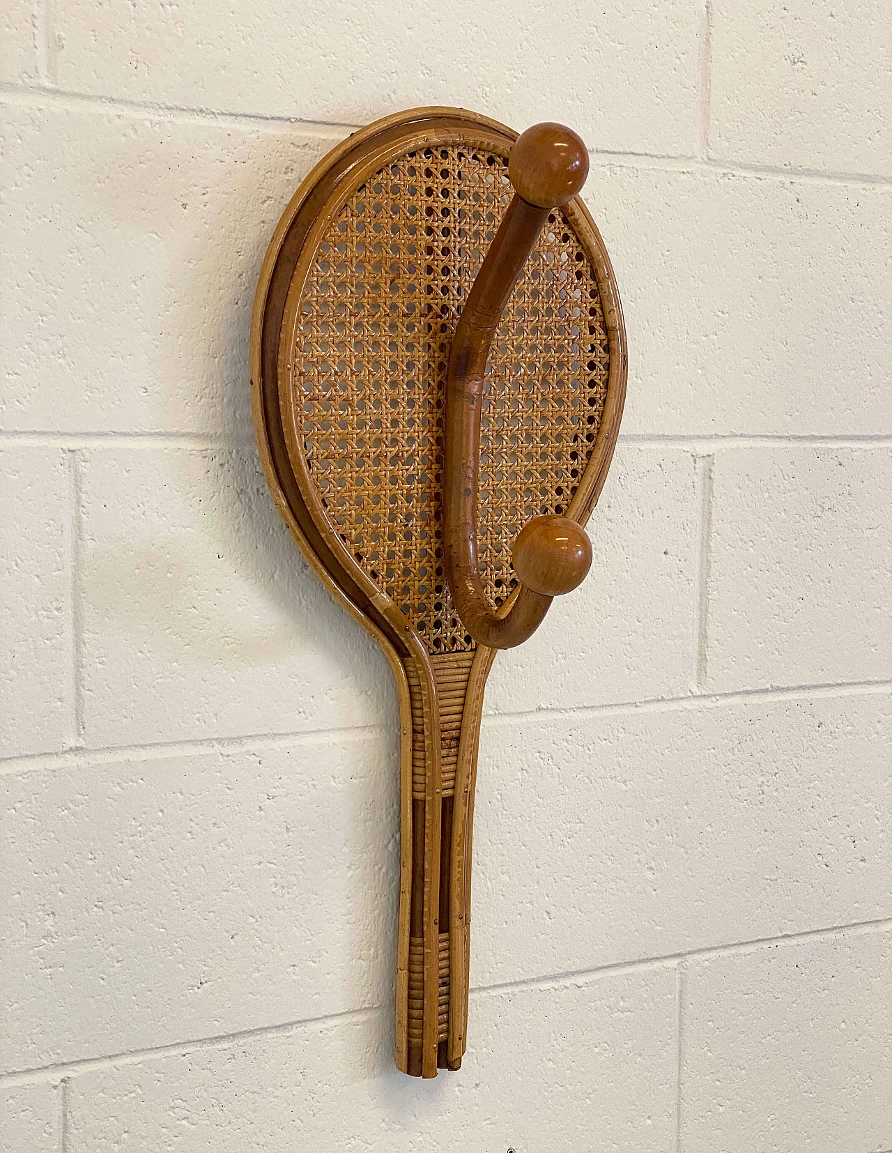 Vienna straw, bamboo and wicker tennis racket coat rack, 1970s 4