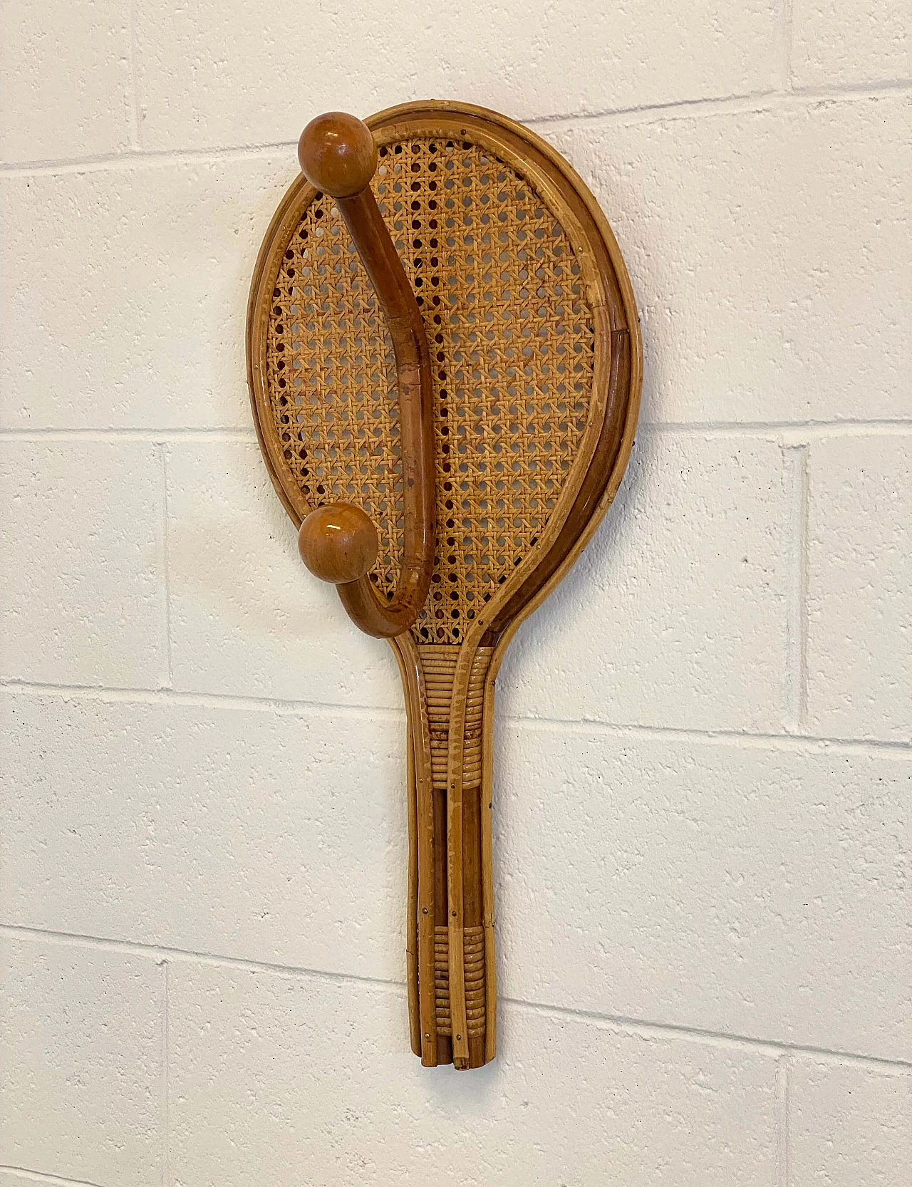 Vienna straw, bamboo and wicker tennis racket coat rack, 1970s 11