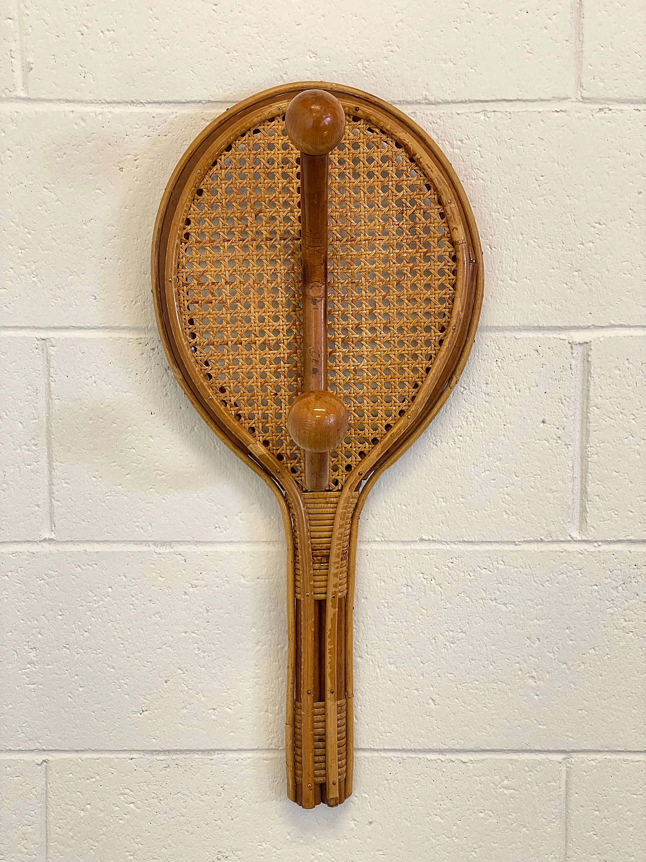 Vienna straw, bamboo and wicker tennis racket coat rack, 1970s 13