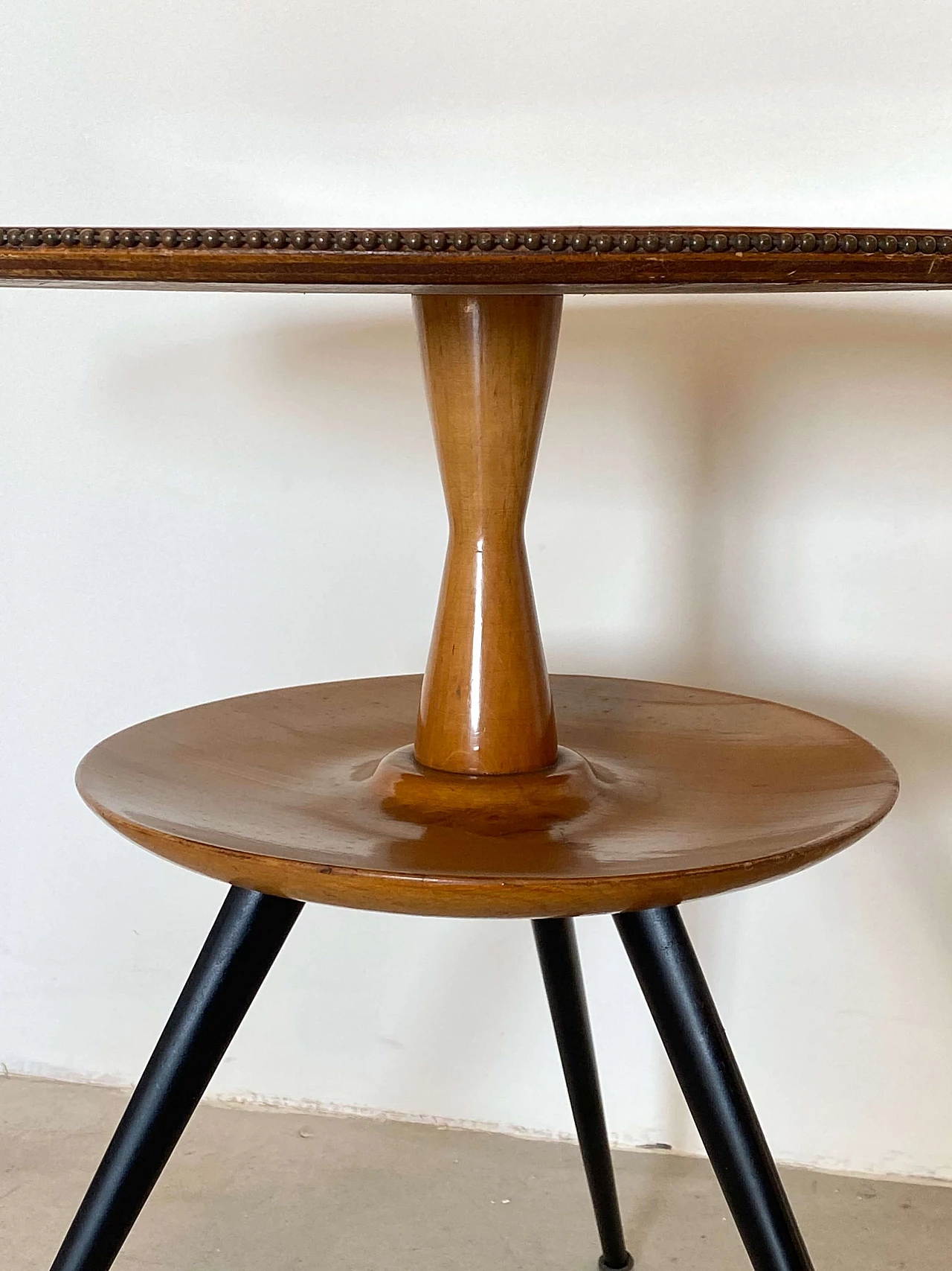 Round cherry wood and black lacquered metal coffee table, 1960s 3