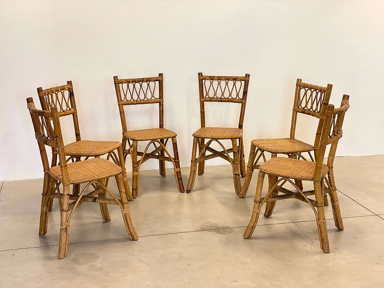 6 Chairs in bamboo and wicker, 1970s 1