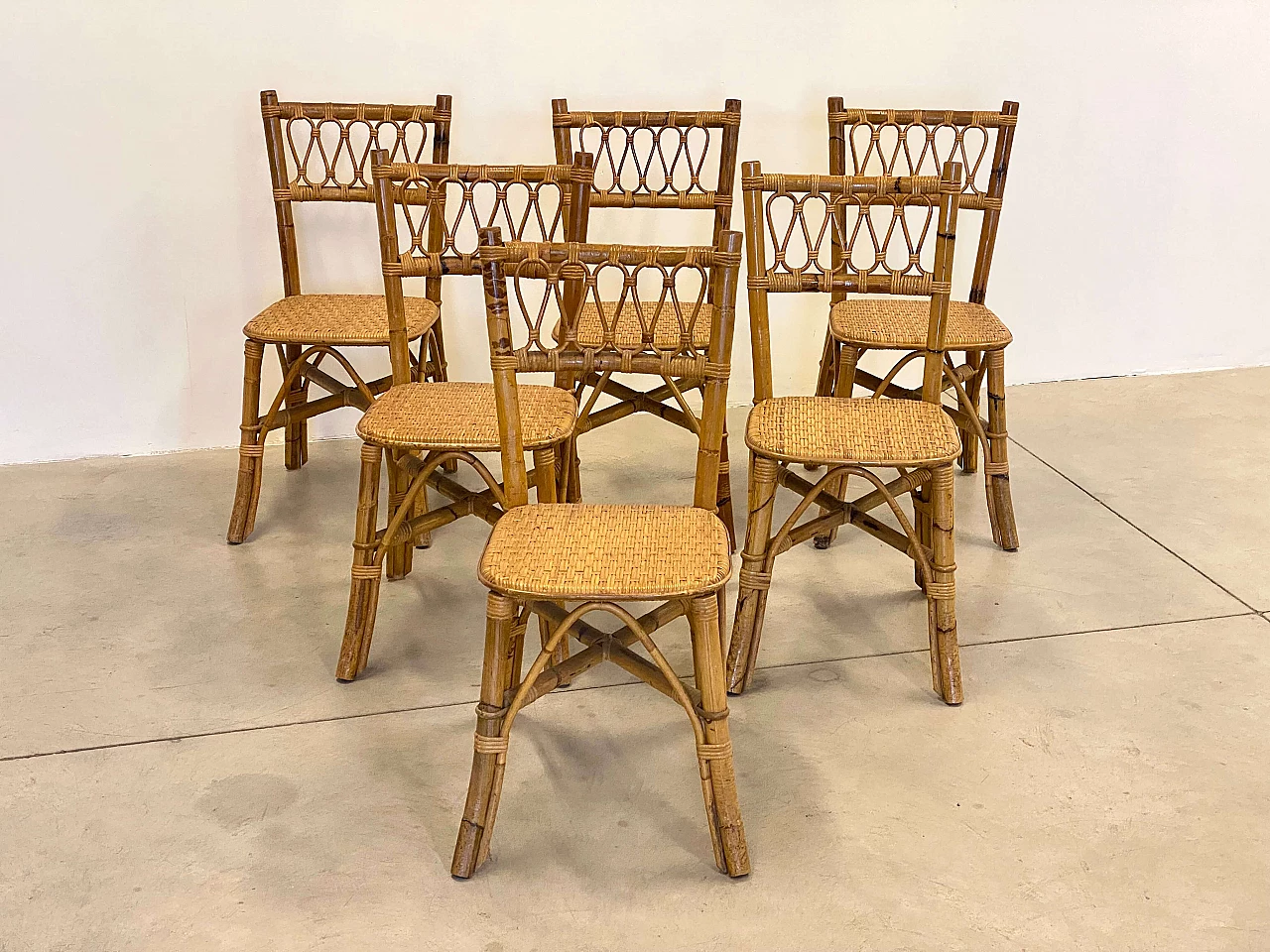 6 Chairs in bamboo and wicker, 1970s 2