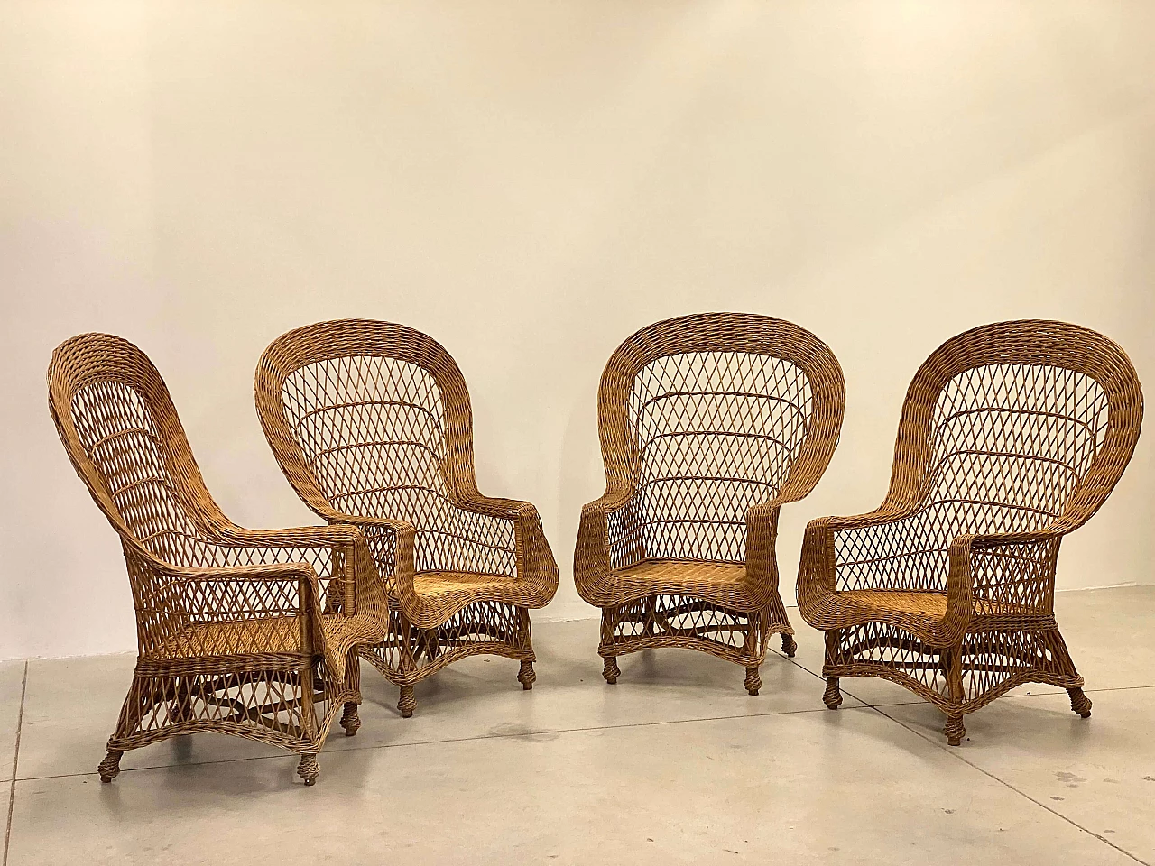 4 Wicker and bamboo armchairs, 1970s 1