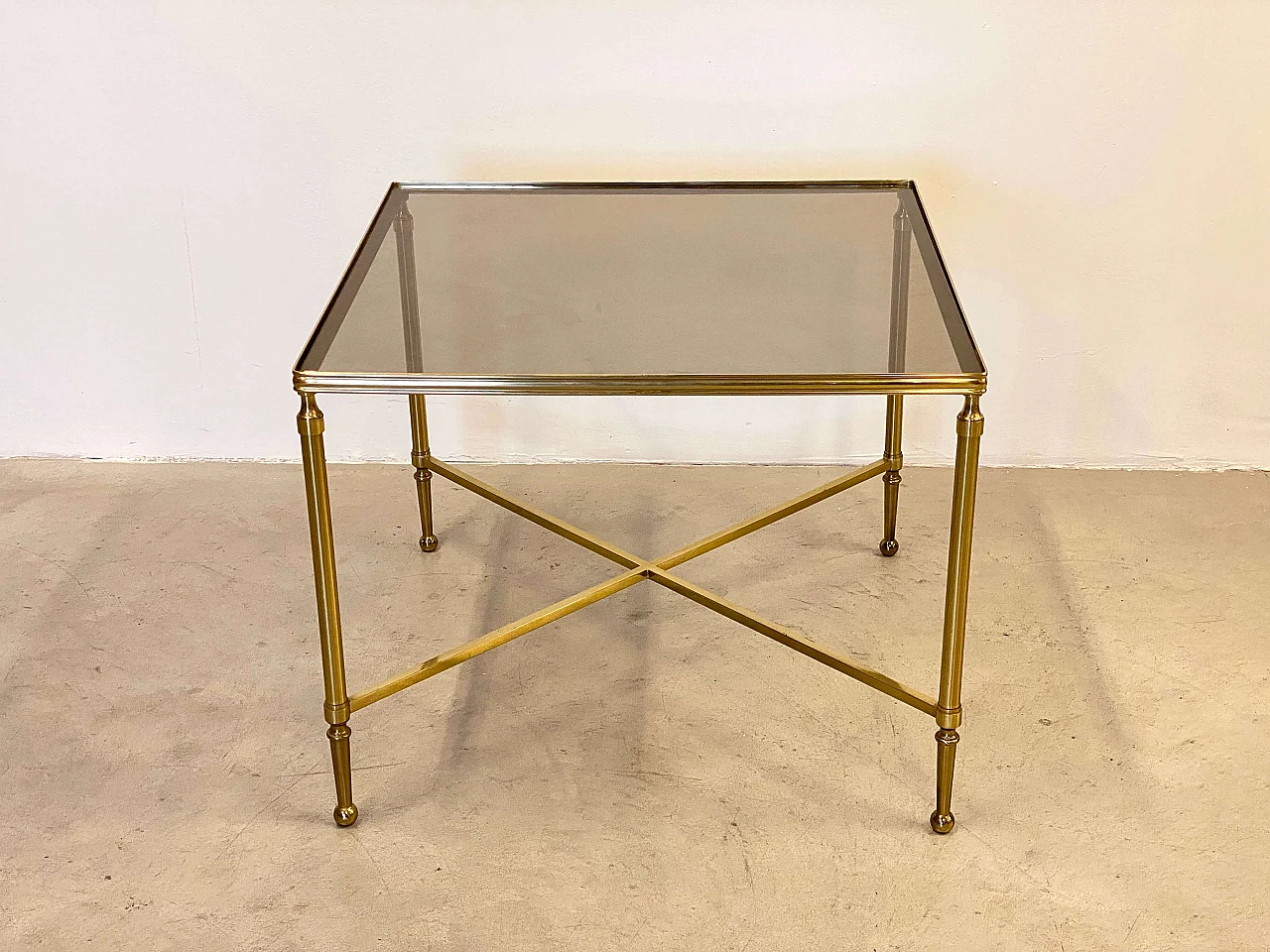 Square brass coffee table with smoked glass top, 1970s 4