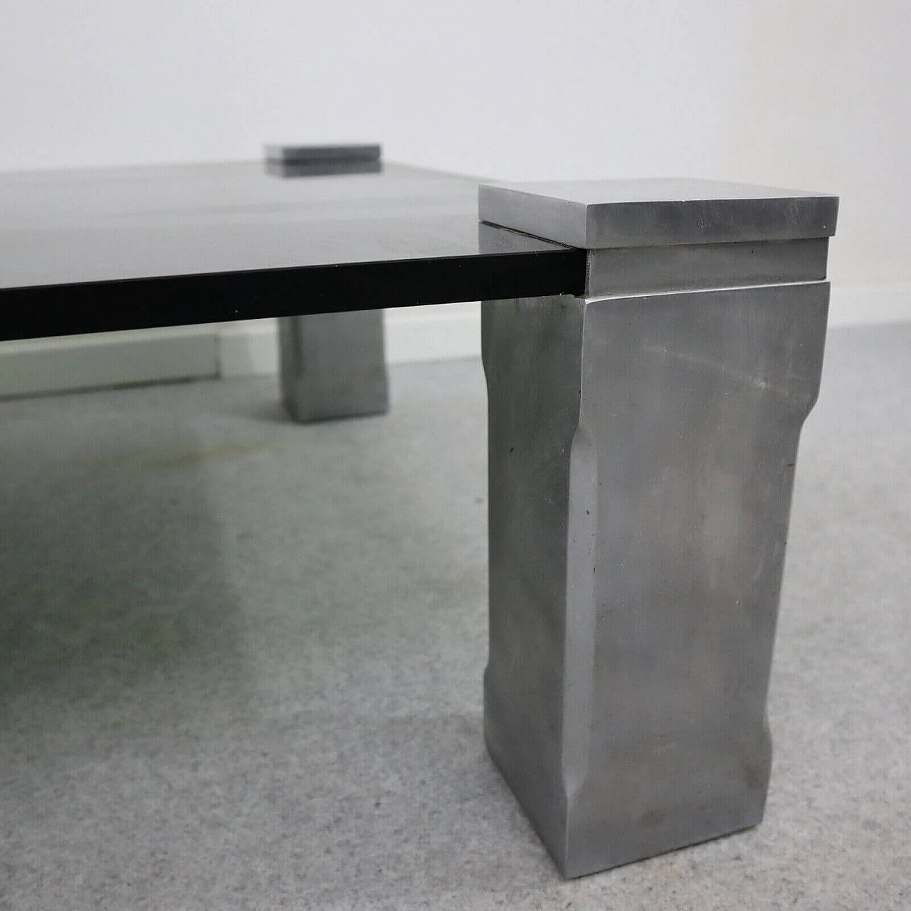 Tavolino in acciaio con piano in vetro fumé, anni '70 1