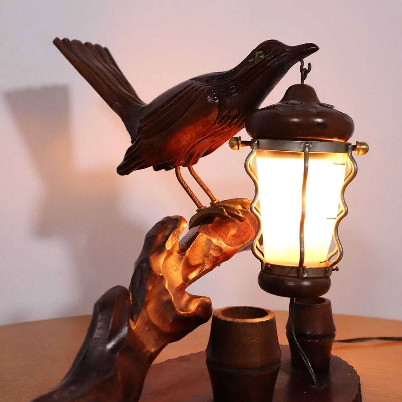 Lampada da tavolo in legno, ottone e vetro di Murano di Aldo Tura, anni '50 2