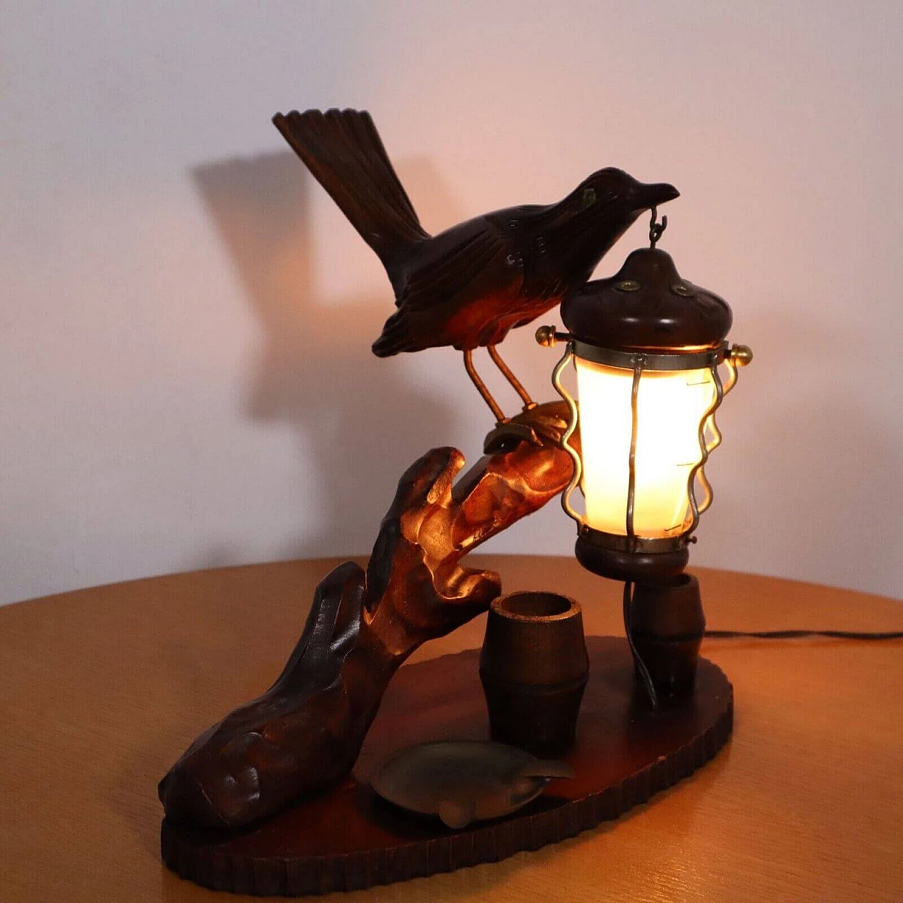 Lampada da tavolo in legno, ottone e vetro di Murano di Aldo Tura, anni '50 3
