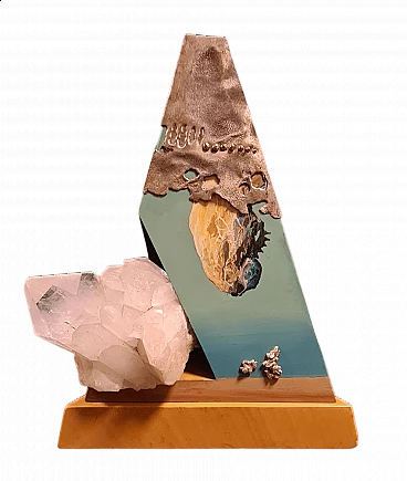 Mario Rosso, metaphysical composition, wood, metal and quartz sculpture, 1980s