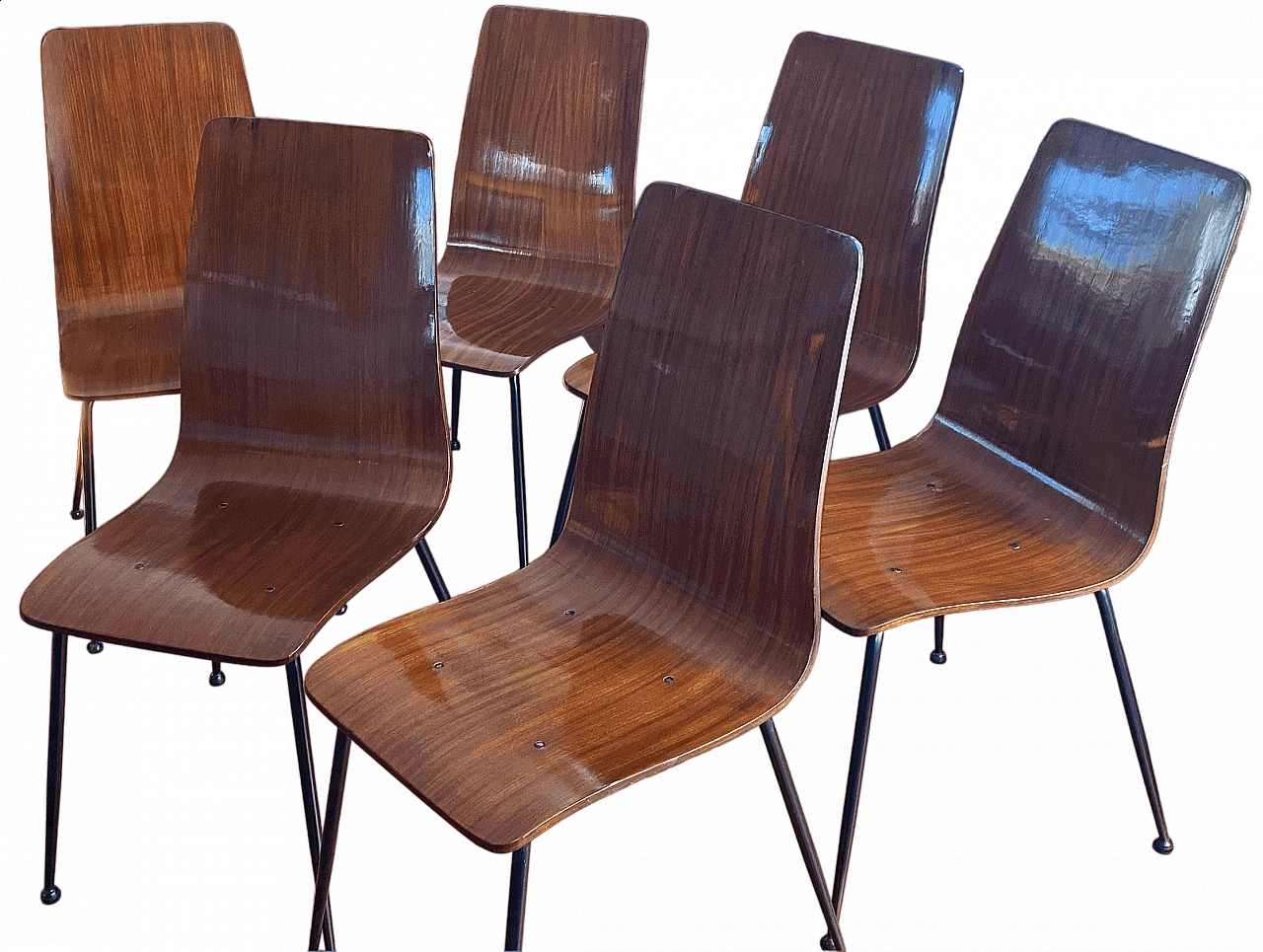 6 Sedie in legno curvato con struttura in metallo laccato di Carlo Ratti, anni '50 5