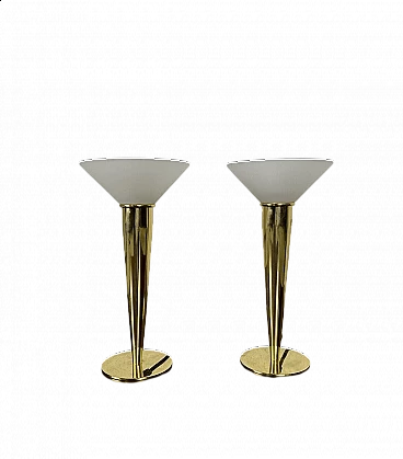 Pair of brass and frosted glass table lamps, 1980s