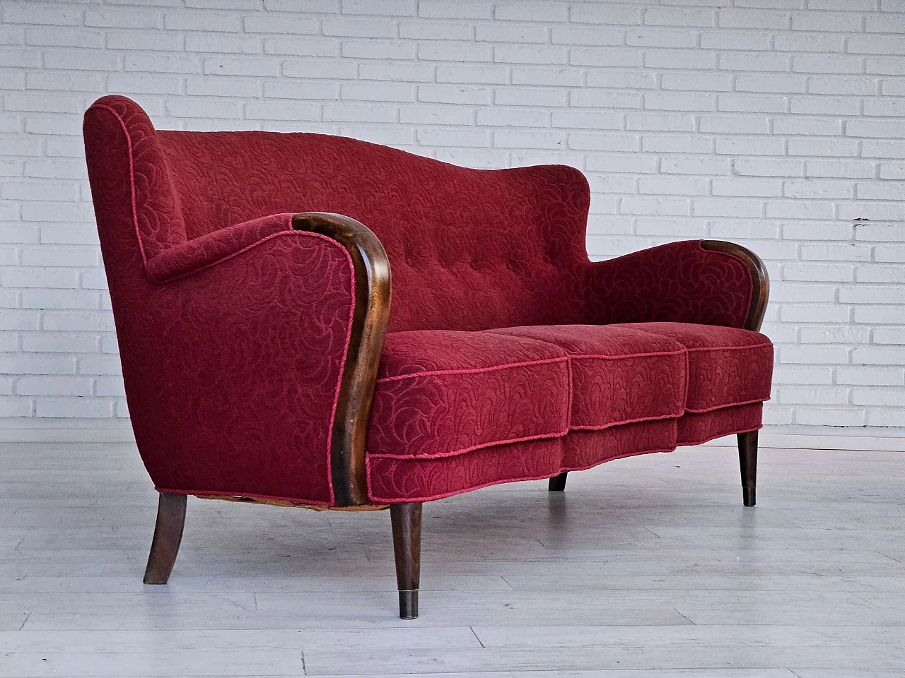 Danish three-seater beech and red fabric sofa, 1960s 1