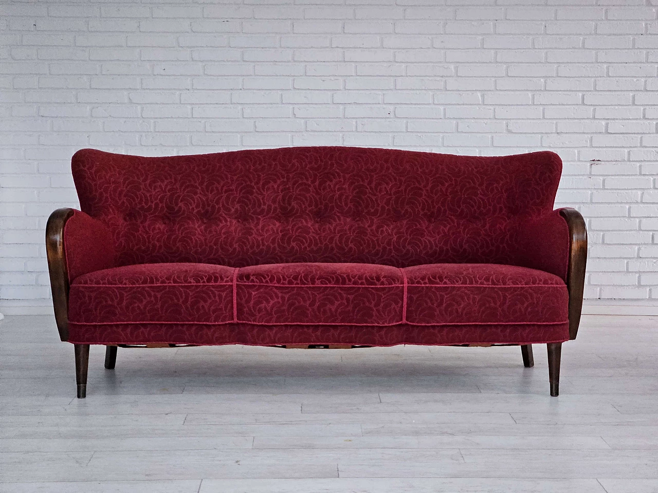 Danish three-seater beech and red fabric sofa, 1960s 2