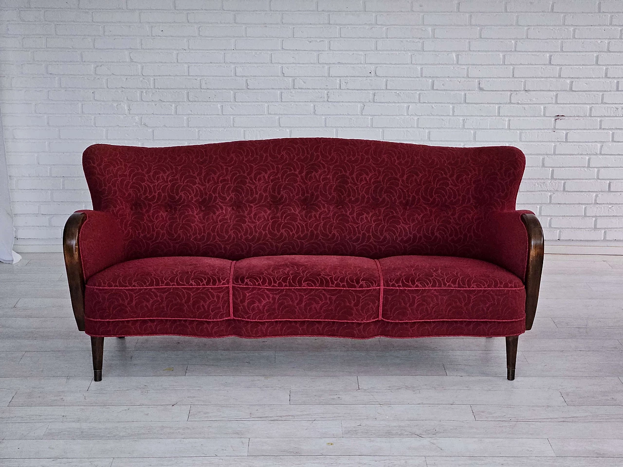 Danish three-seater beech and red fabric sofa, 1960s 3
