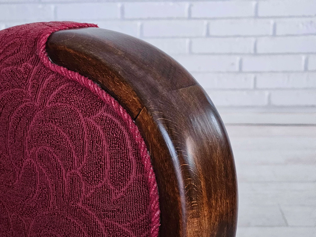 Danish three-seater beech and red fabric sofa, 1960s 6