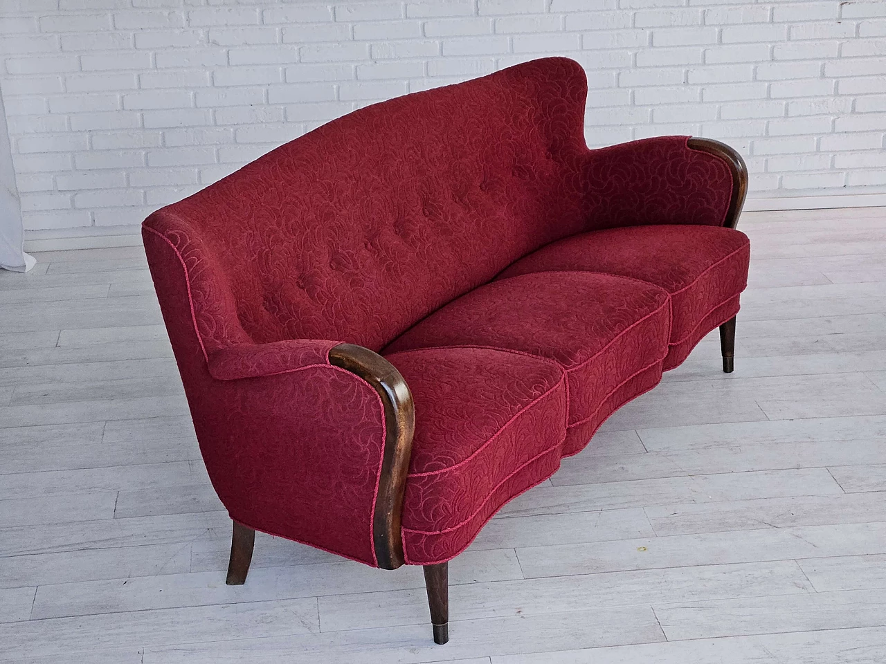 Danish three-seater beech and red fabric sofa, 1960s 7