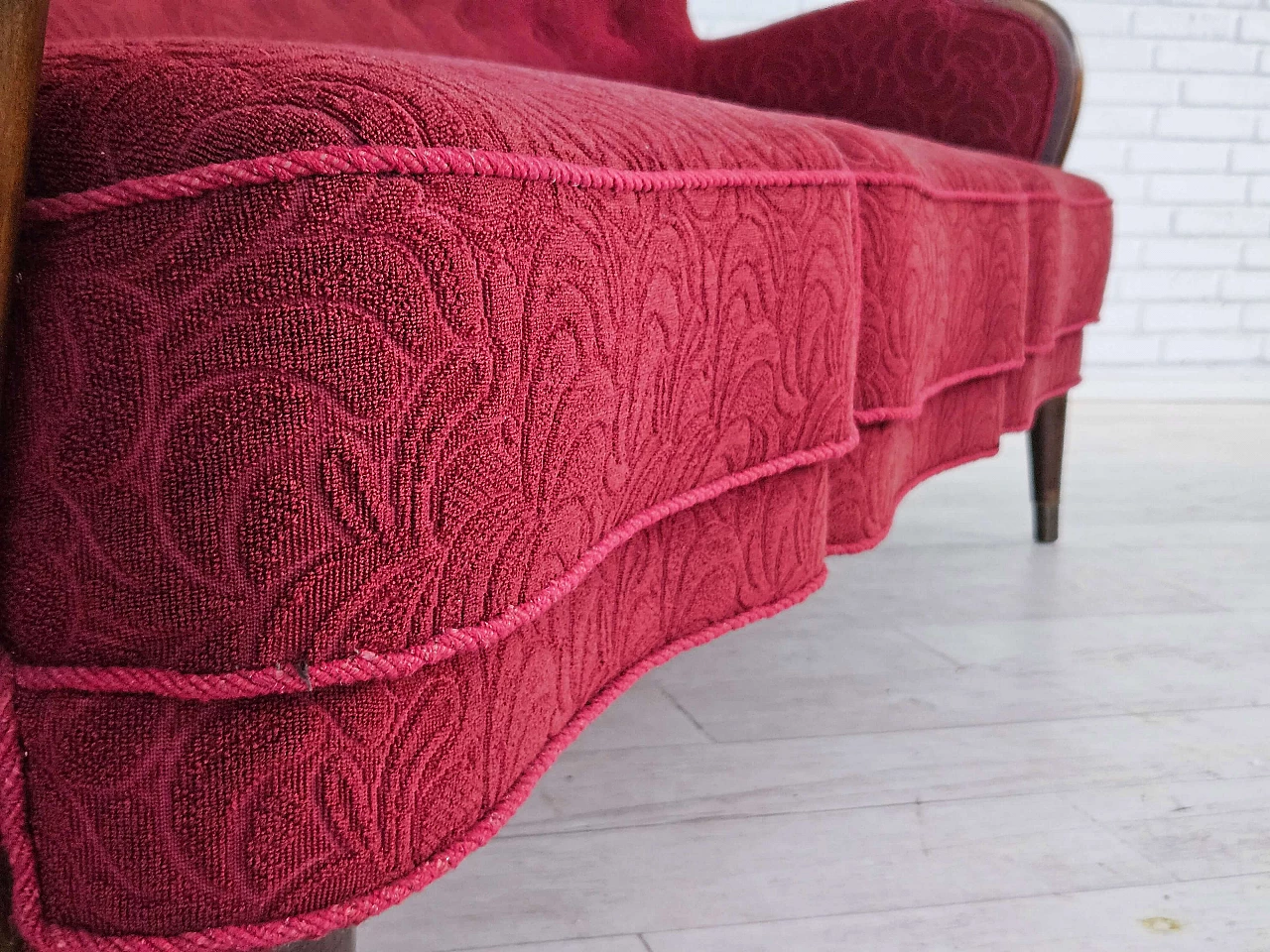 Danish three-seater beech and red fabric sofa, 1960s 8