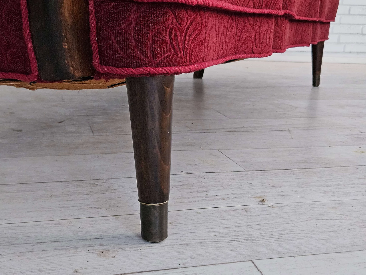 Danish three-seater beech and red fabric sofa, 1960s 9