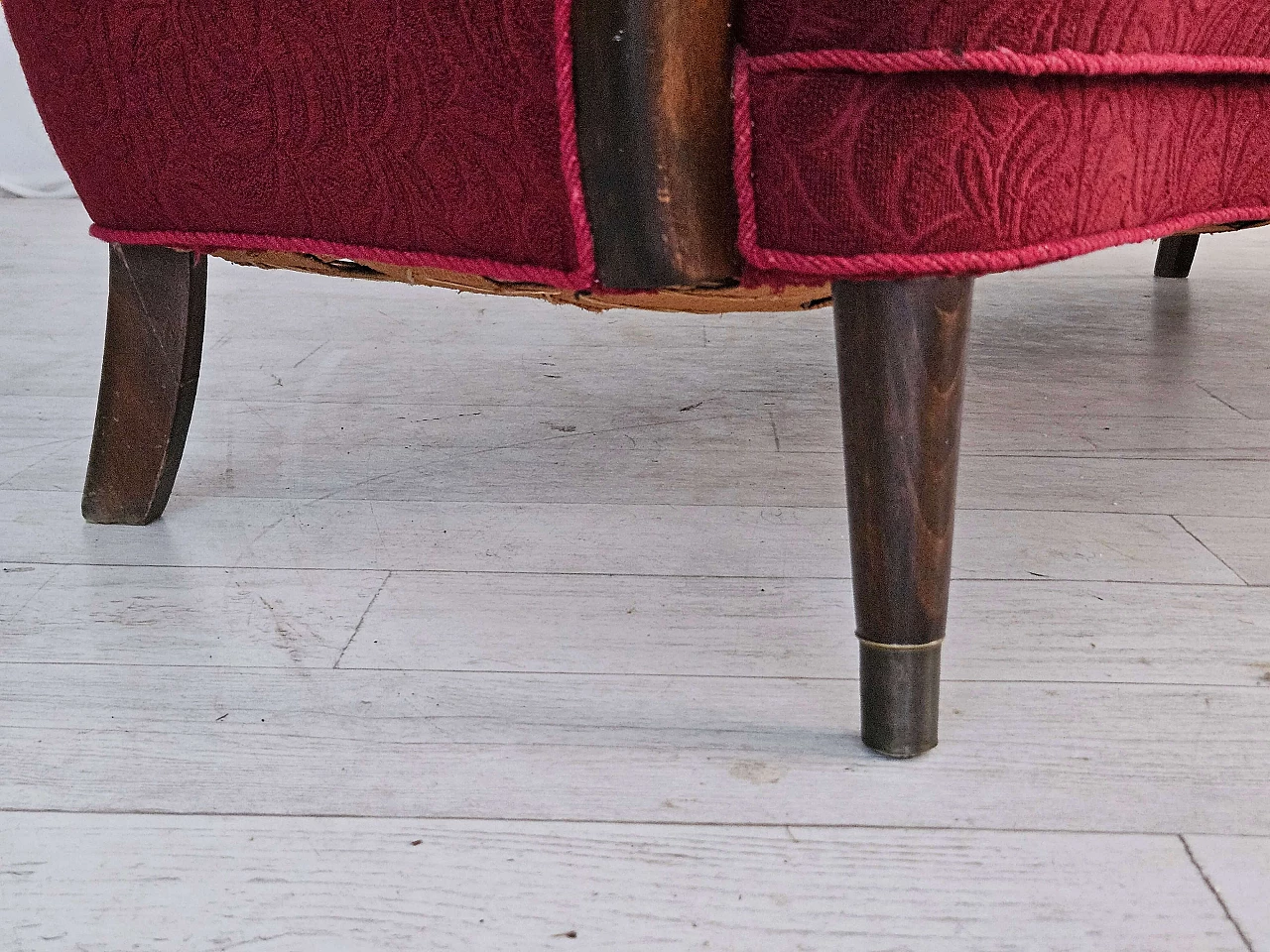 Danish three-seater beech and red fabric sofa, 1960s 10