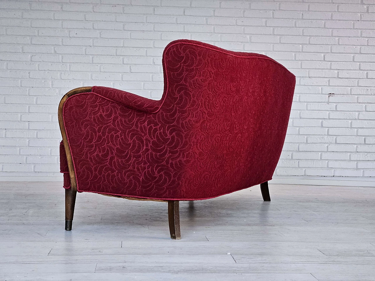 Danish three-seater beech and red fabric sofa, 1960s 11
