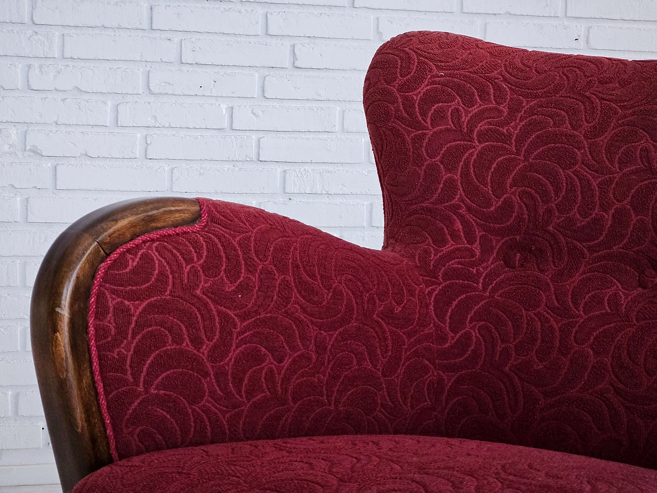 Danish three-seater beech and red fabric sofa, 1960s 13