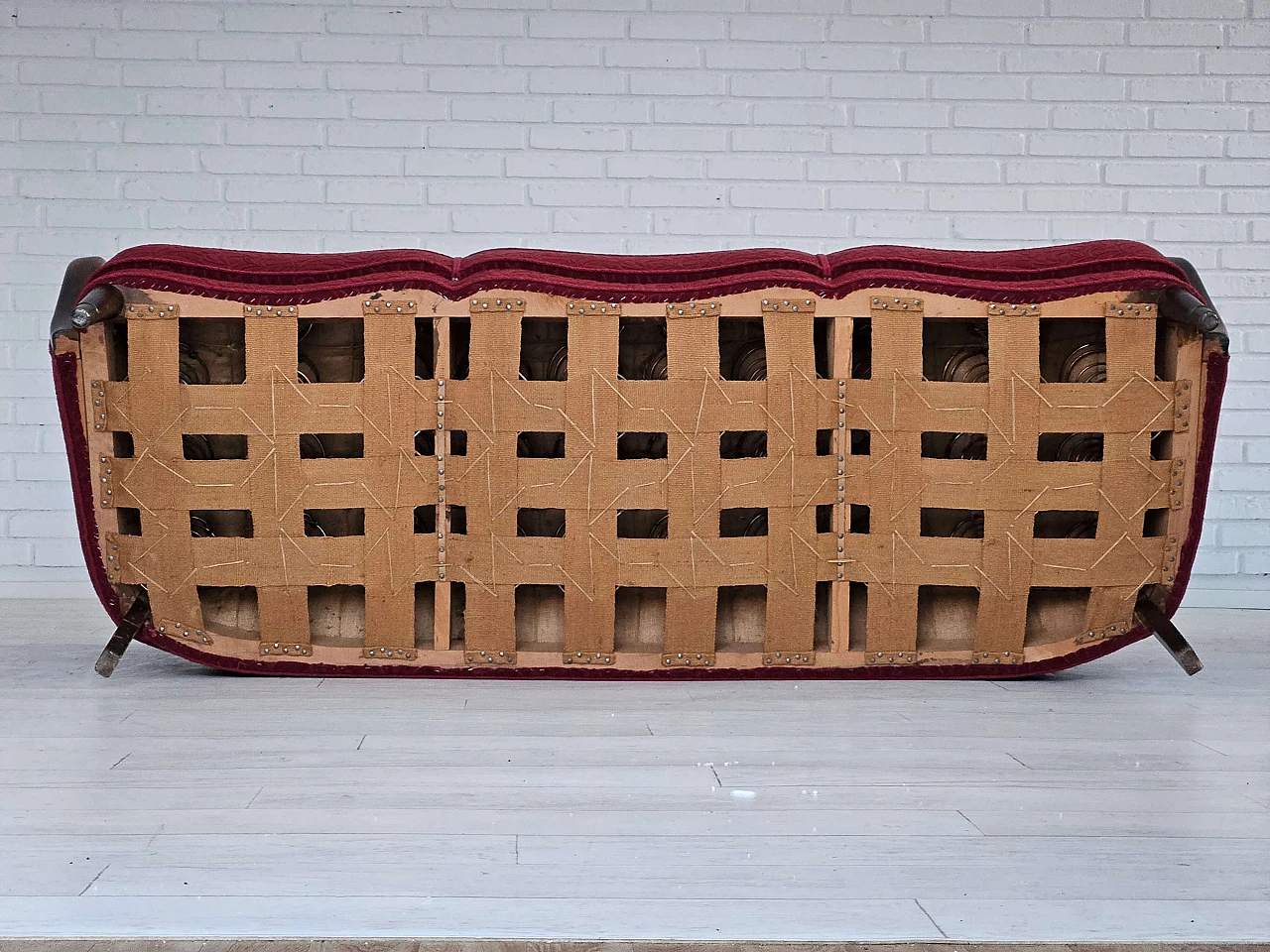 Danish three-seater beech and red fabric sofa, 1960s 14