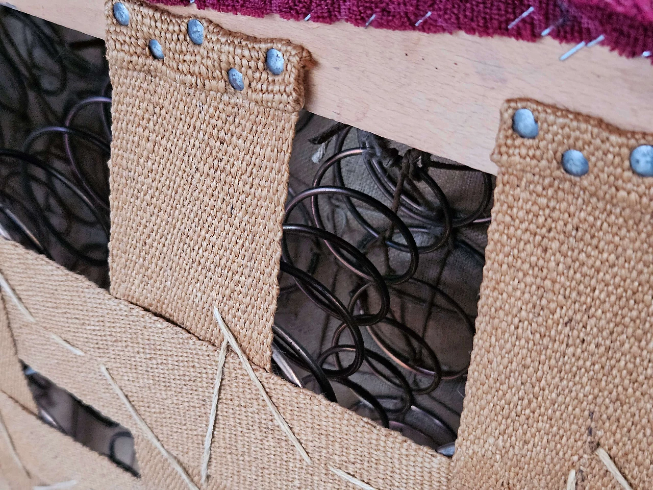 Danish three-seater beech and red fabric sofa, 1960s 15