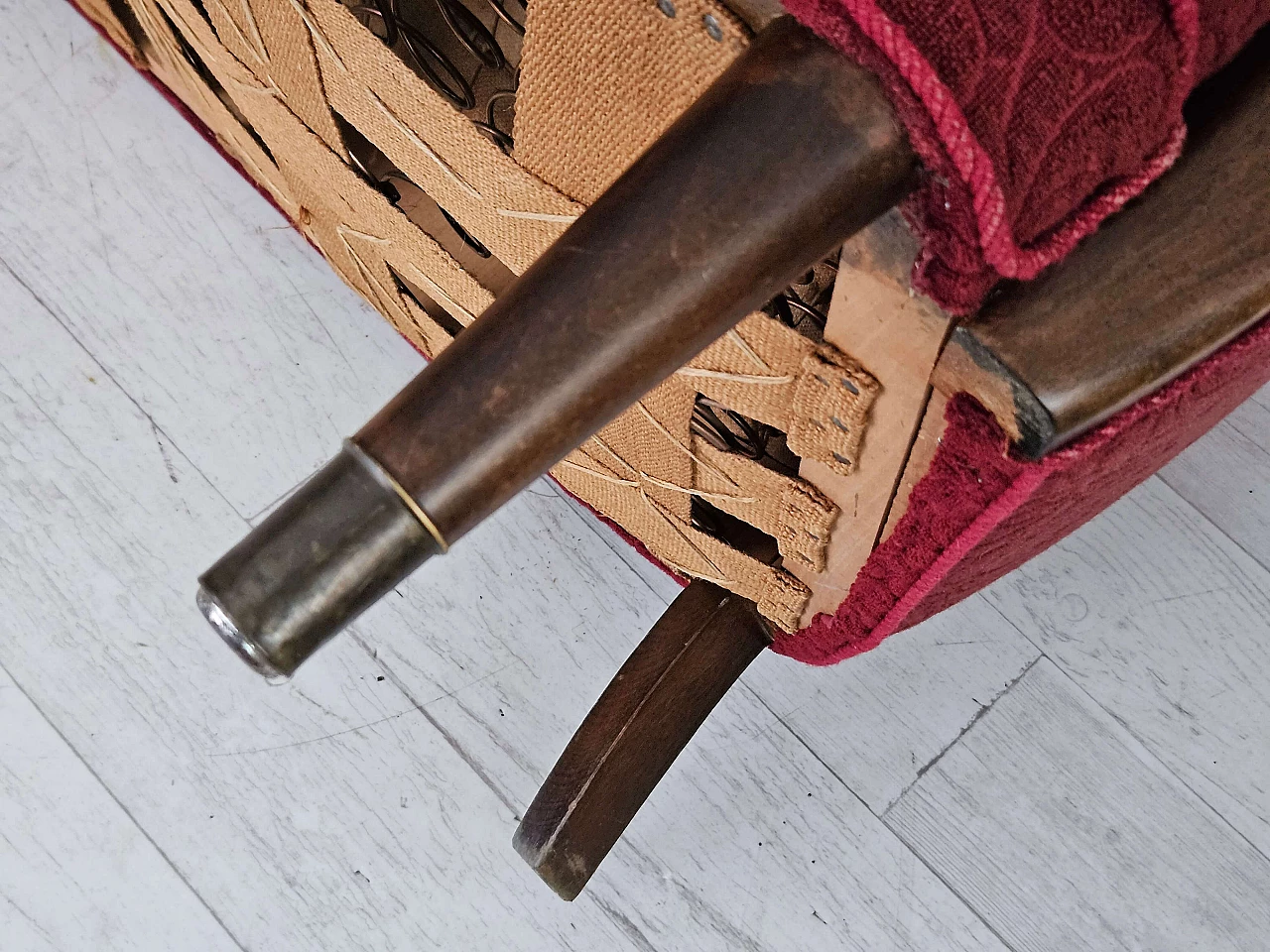 Danish three-seater beech and red fabric sofa, 1960s 16