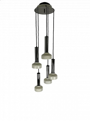 Five-light chromed and white varnished metal chandelier, 1960s