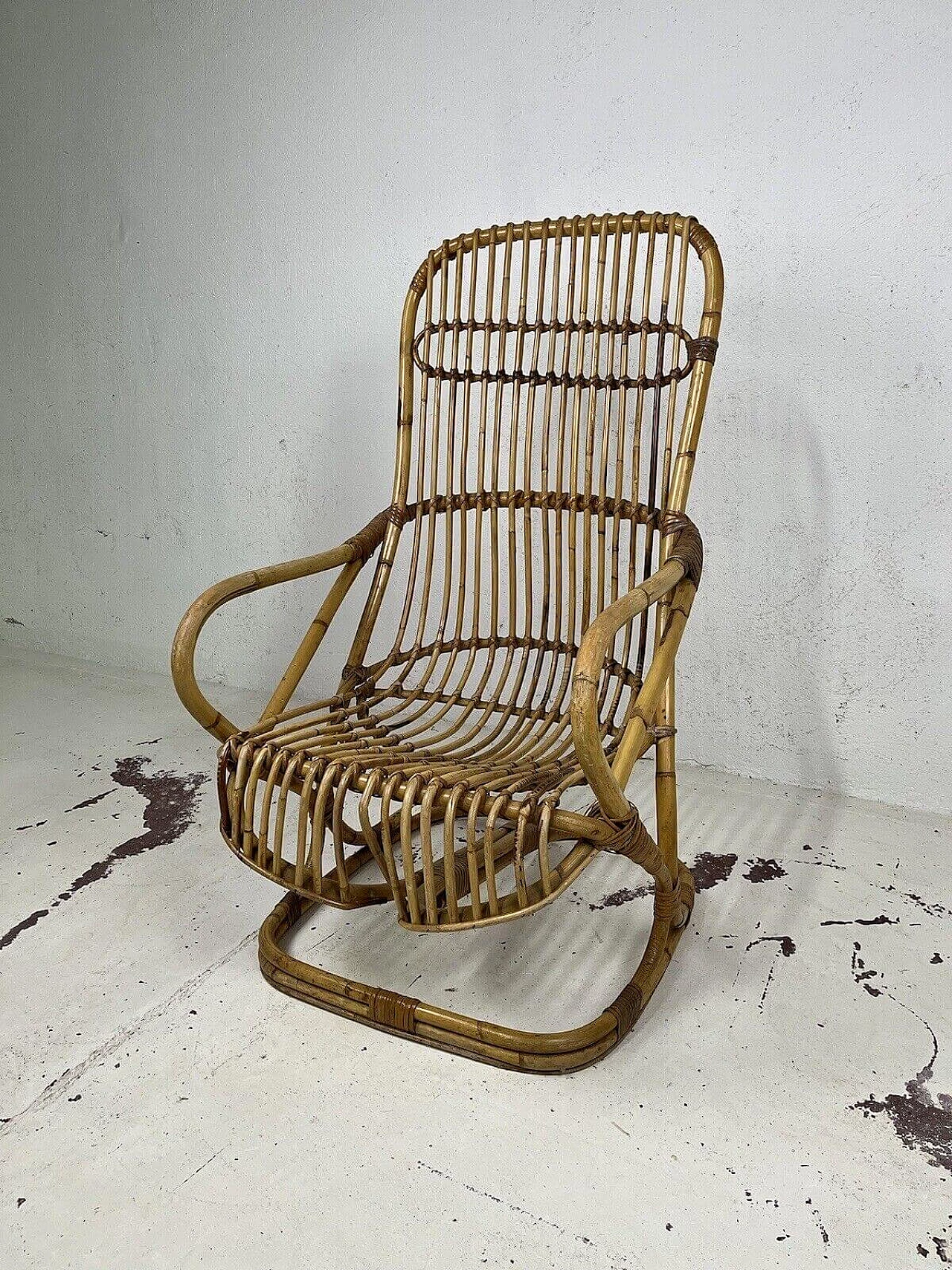 Rattan and wicker armchair attributed to Tito Agnoli for Bonacina, 1960s 1