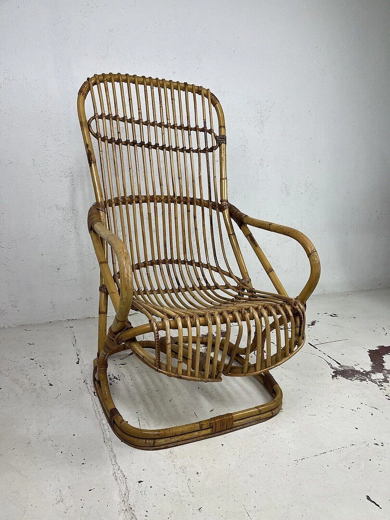 Rattan and wicker armchair attributed to Tito Agnoli for Bonacina, 1960s 2