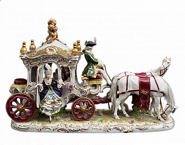 Chariot with horses in polychrome Capodimonte porcelain, early 20th century