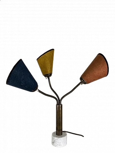 Three-light marble, brass and parchment table lamp, 1950s