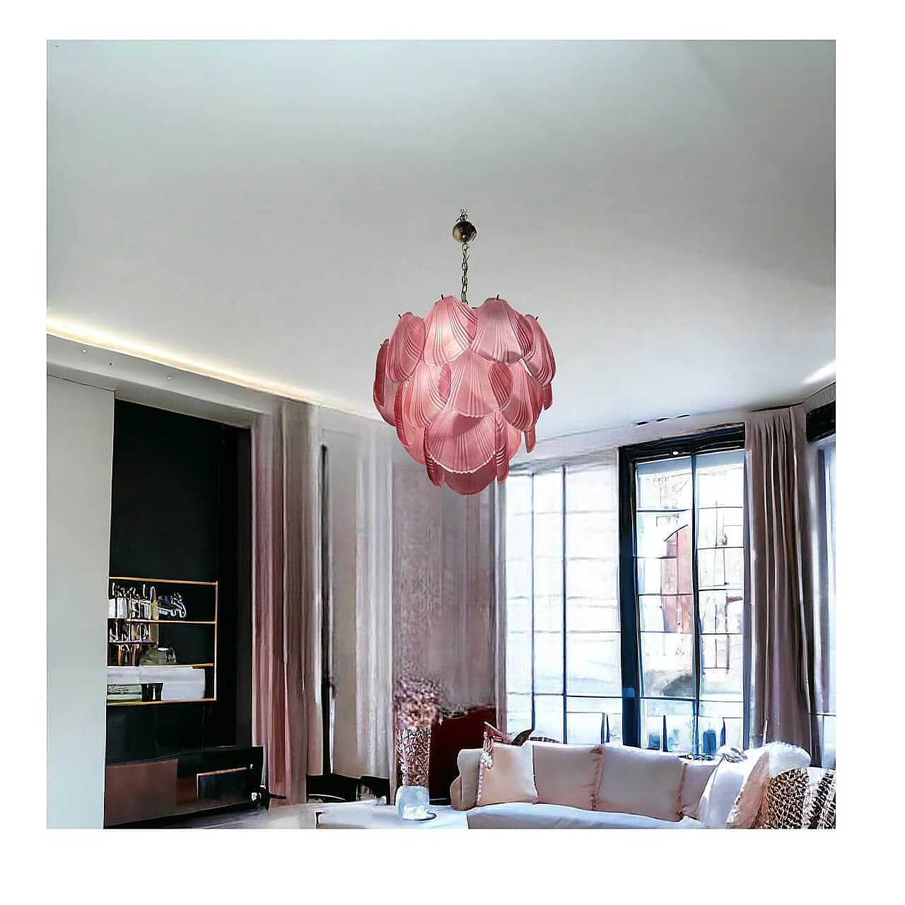 Chandelier with shell-shaped diffusers in pink glass, 1980s 3