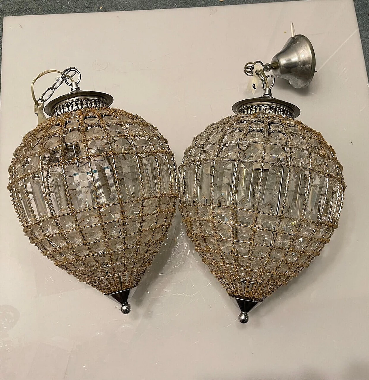 Pair of ceiling lamps with crystal beads, 1980s 5