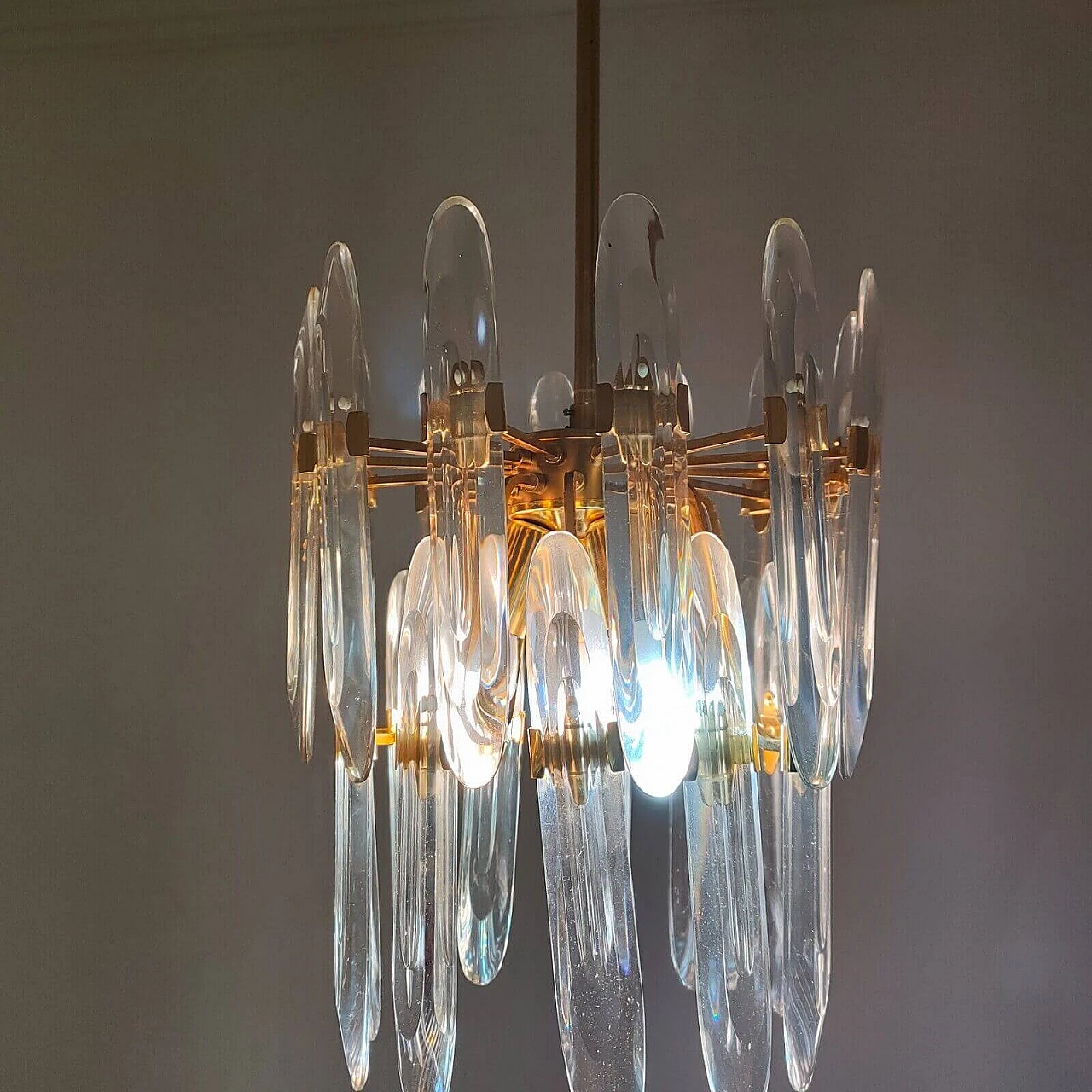 Pair of brass and glass chandeliers by Gaetano Sciolari, 1970s 3